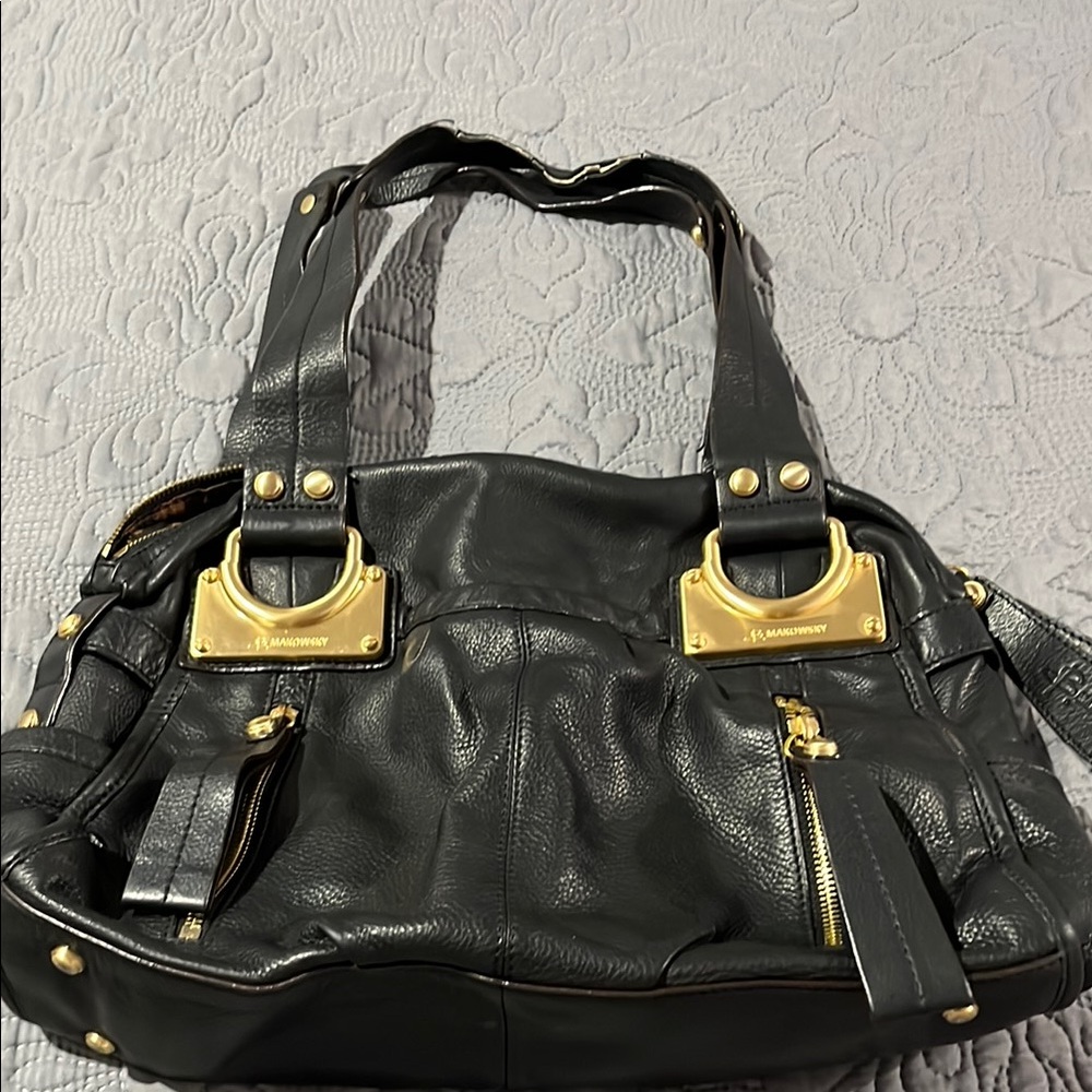b. makowsky Black Shoulder Bag with Gold Accents